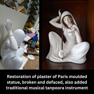 Meerabai statue restoration- plaster of Paris broken, replaced its traditional instrument tanpoora (Statue: 50 years)