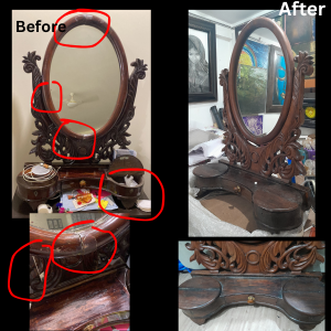 Ancestral oval mirror frame- broken infected and fragile state, restored back to its glory